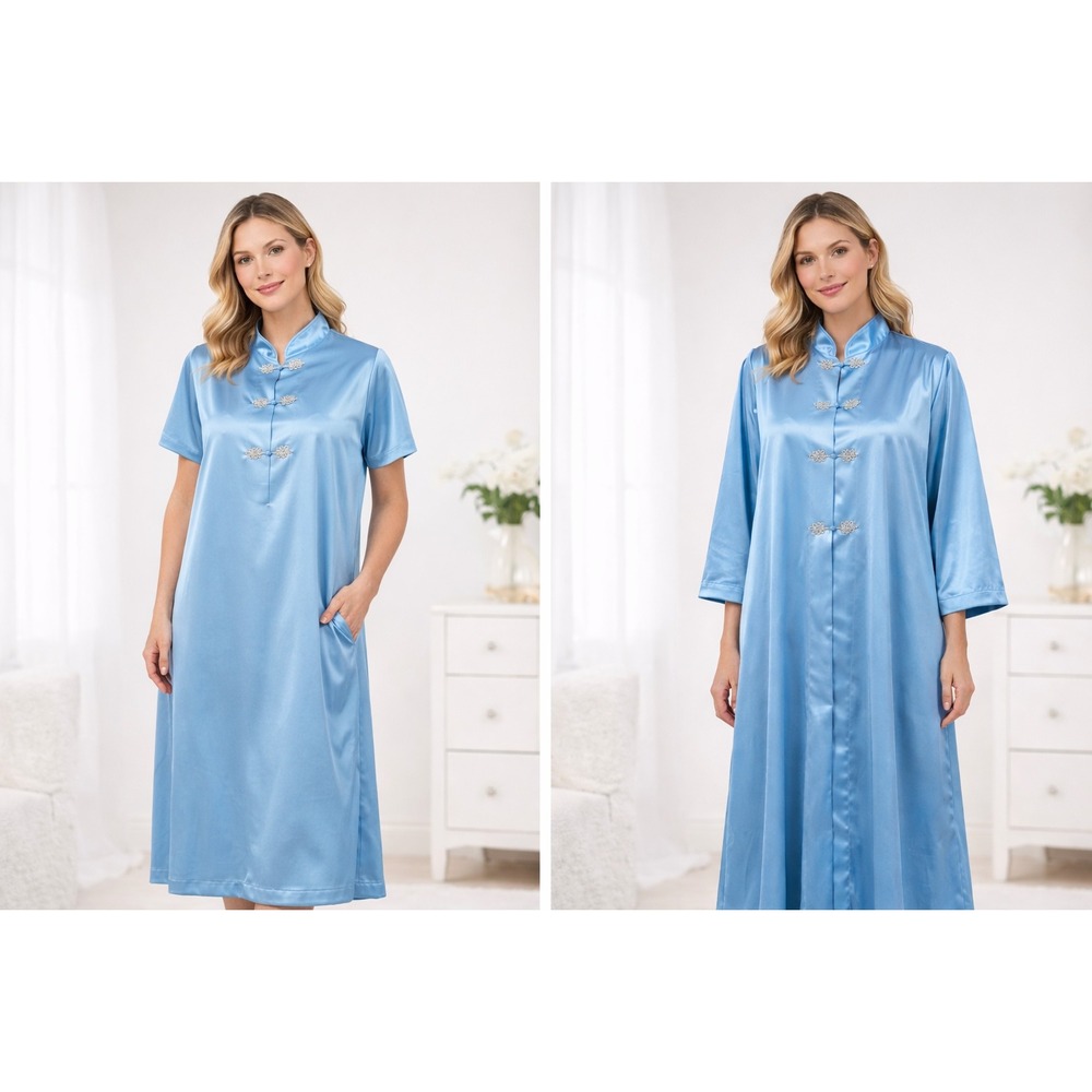 Rare Vintage Women's Shadowline Robe Gown Robin Blue Set Mandarin Sz Small